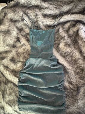 Shimmery Teal Ruched Spaghetti Strap backless Dress